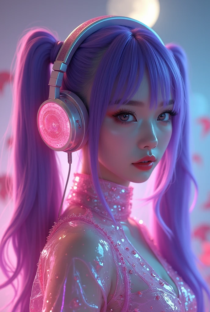 Korean purple haired butterfly woman with headphones and bright pink outfit with pink and purple headphones and pigtails and bright pink transparent outfit with orchestra background with blood Korean purple haired butterfly woman with headphones and pigtails and bright pink transparent outfit with blood and demons behind her full body