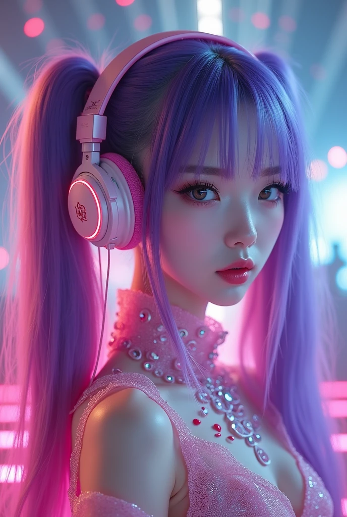 Korean purple haired butterfly woman with headphones and bright pink outfit with pink and purple headphones and pigtails and bright pink transparent outfit with orchestra background with blood Korean purple haired butterfly woman with headphones and pigtails and bright pink transparent outfit with blood and demons behind her full body 