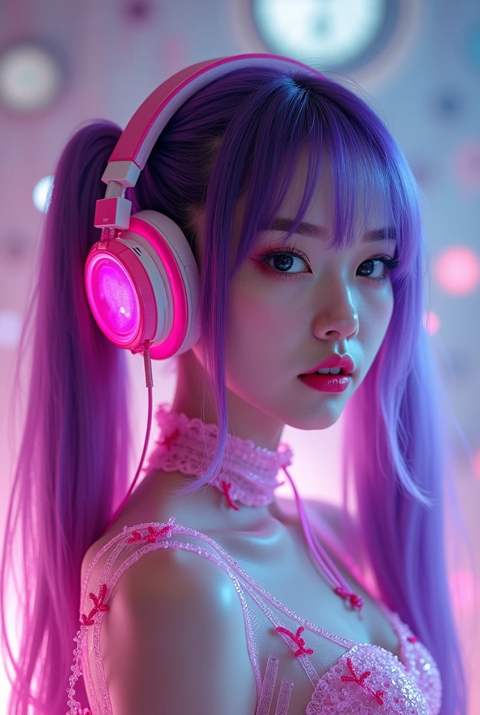 Korean purple haired butterfly woman with headphones and bright pink outfit with pink and purple headphones and pigtails and bright pink transparent outfit with orchestra background with blood Korean purple haired butterfly woman with headphones and pigtails and bright pink transparent outfit with blood and demons behind her full body
