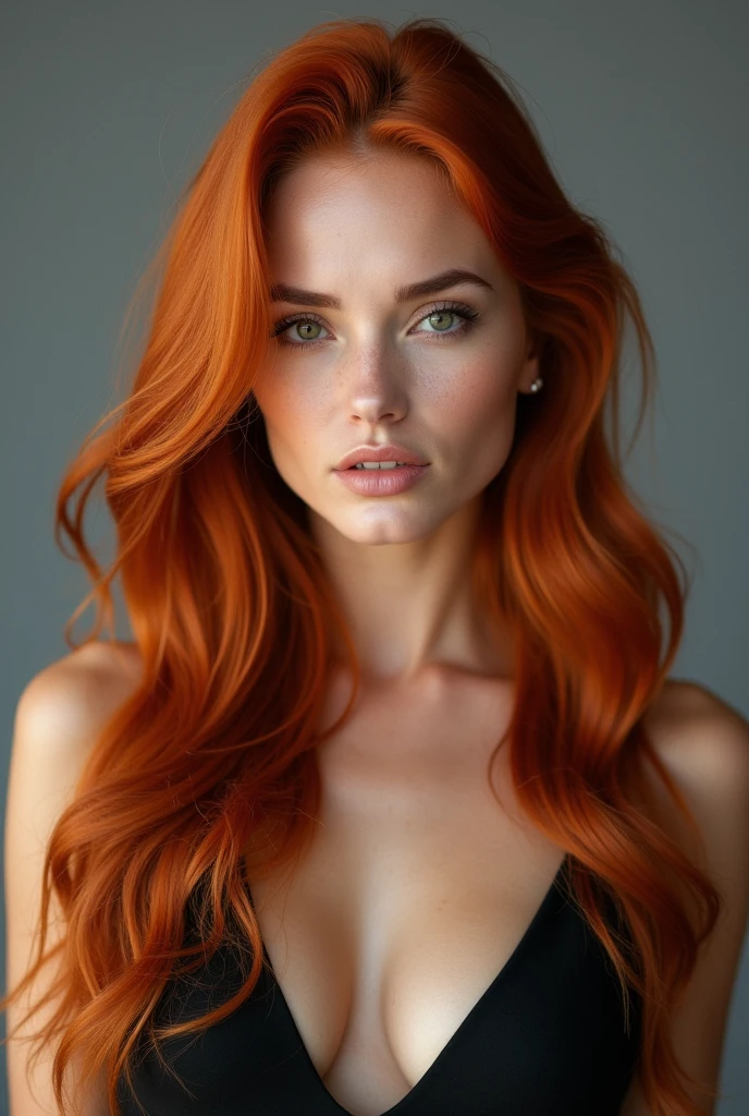 A female model mid close up portrait of a beautiful women with long red hair against a grey studio background, posing for photoshoot, studio photoshoot, studio lighting, looks like a professional stock photo, high resolution image with sharp focus like professional studio photography, high detail in hyper high realsitic style