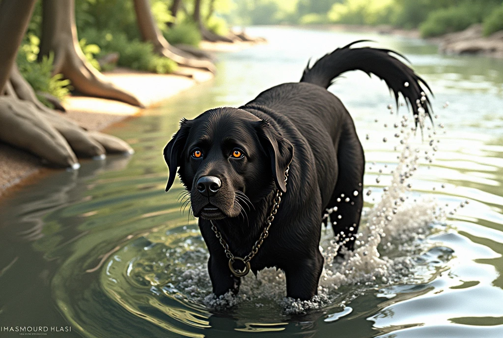 there is a ghibli style character black dog that is standing in the water, dog, at the waterside, black dog, a handsome, in a pond, in the water, a dog, river in front of him, the photo shows a large, bear, labrador, menacing!, playing with the water, emerging from the water, wet fur, handsome, nice face