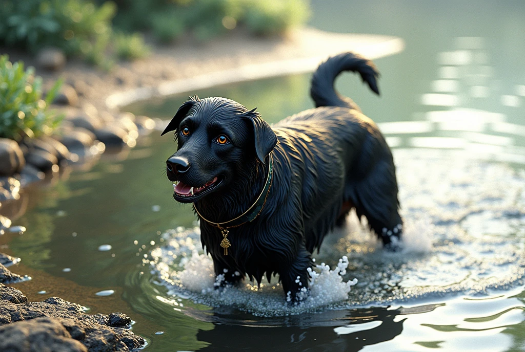 there is a ghibli style character black dog that is standing in the water, dog, at the waterside, black dog, a handsome, in a pond, in the water, a dog, river in front of him, the photo shows a large, bear, labrador, menacing!, playing with the water, emerging from the water, wet fur, handsome, nice face