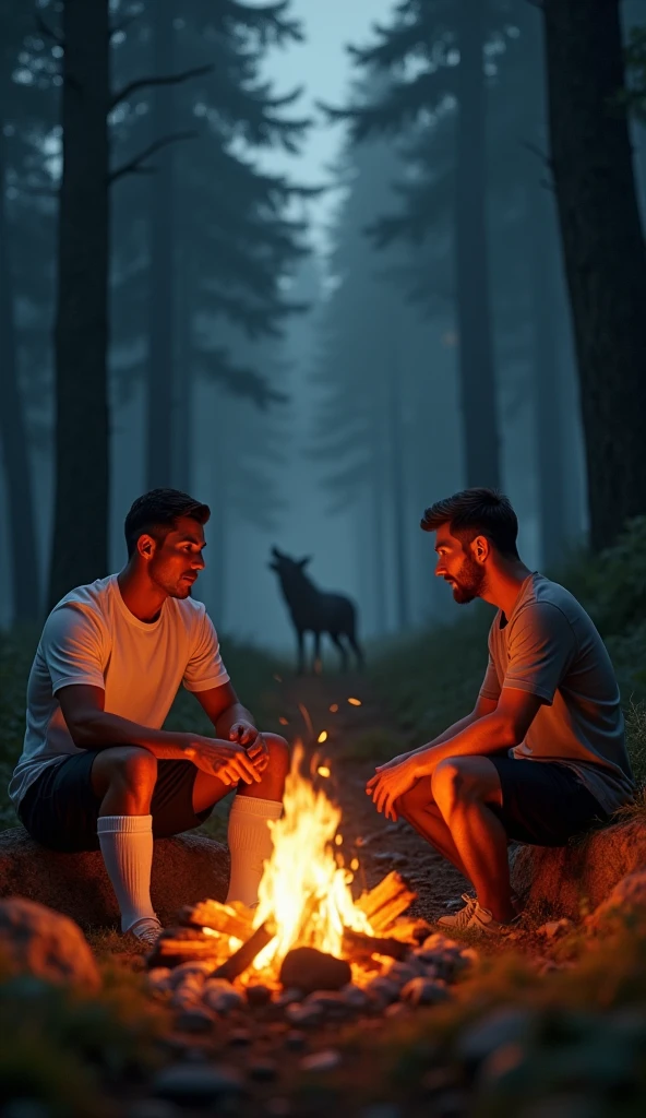Ronaldo and Messi sitting by the campfire, chatting and relaxing.A dark forest with a distant, eerie wolf howl echoing.Messi asking viewers to subscribe and like the video, with a countdown timer.