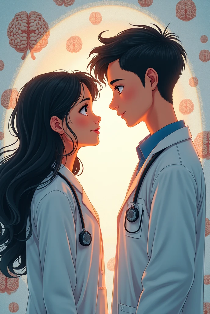 Create a cell phone background image in which an older brother with black hair, without a beard he is a neurosurgeon, With brains in the background, he is with his younger sister, a medical student with black, wavy hair, who admires and loves him a lot.