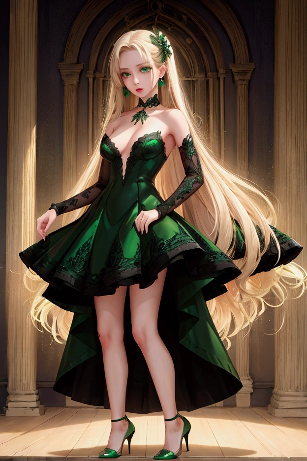 high quality, 8k quality, ultra detail, 1girl, Makeup, highest quality, long straight hair, emerald green eyes, black high heel shoes, white dress, bare legs, standing pose,