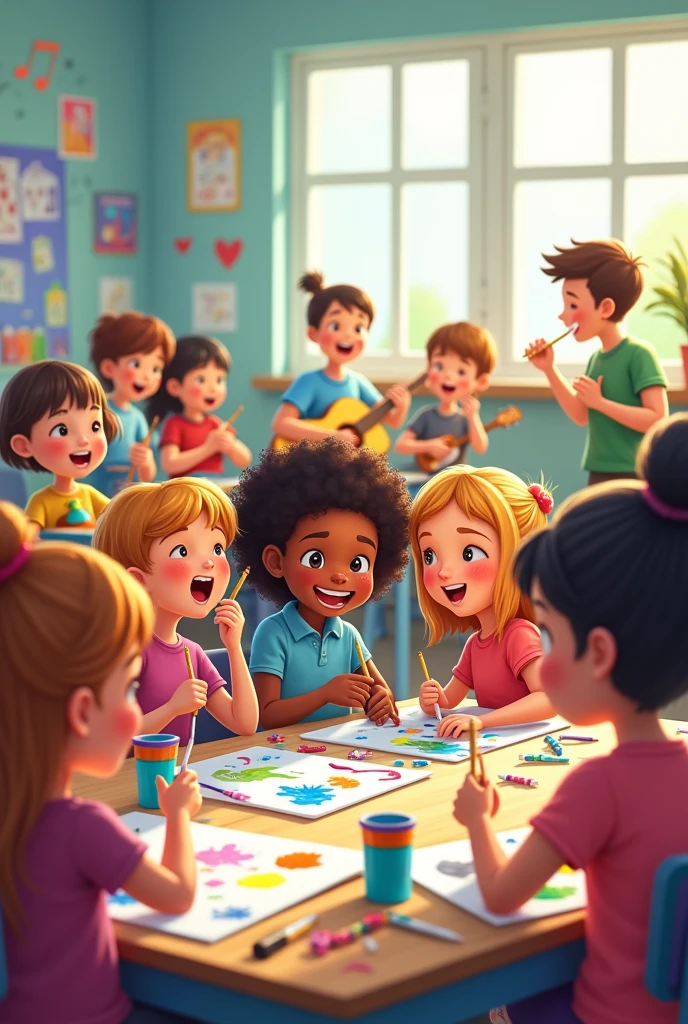 An image that could complement the text "Every child should have art and music classes as part of their education" It could be a vibrant and colorful classroom with children participating in artistic and musical activities.. You could show some children painting and drawing in a corner, while others play musical instruments or sing. The environment should be cheerful and stimulating., with artistic and musical materials scattered around the room, reflecting the importance and enjoyment of these disciplines in education.
