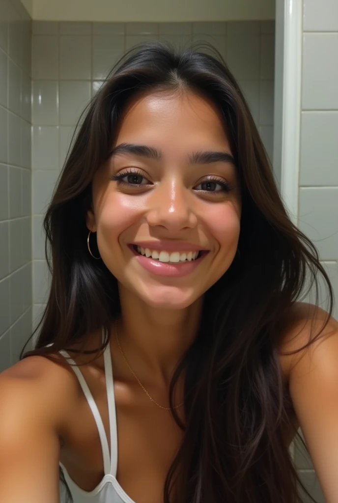 Latina teen taking a selfie in the bathroom but you can only see her head and with average quality