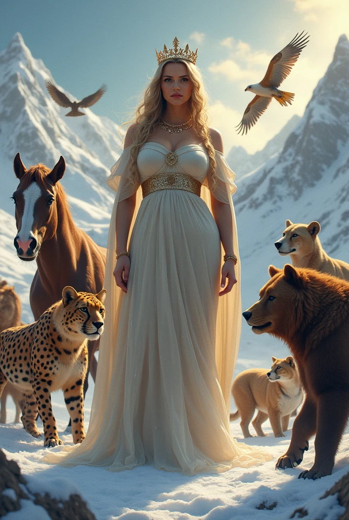 In one picture there is a queen with big breasts, a horse, a cheetah, a lion, a bear, a dog and a hawk; all this in one picture; it is a snowy place, it is sunny.