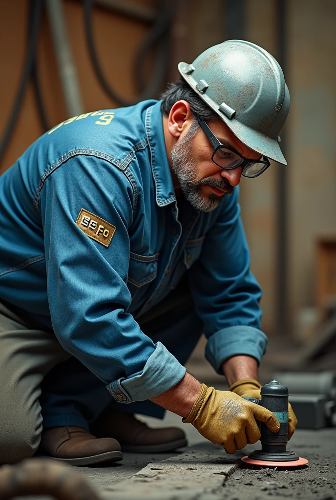 I NEED TO RECREATE AN IMAGE OF A WHITE WORKER, SHORT WITH SAFETY GLASSES,with helmet,gloves. THAT HAS A BLUE JEANS SHIRT THAT ON THE BACK SAYS ESPO THAT IS CROUCHED CUTTING ROD WITH A POLISHER CUTTING P