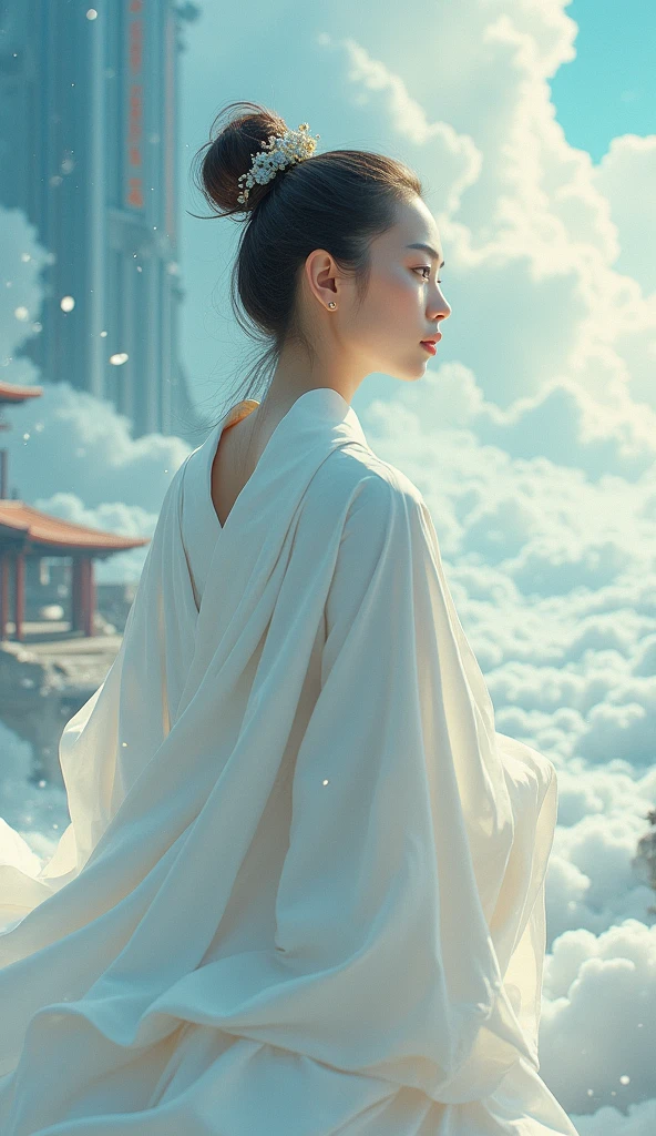 A stunning cinematic painting depicting a stunning delicate,handsome, mysterious spiritual figure in a serene landscape. The figure, dressed in a flowing white robe, is surrounded by soft clouds and a gentle breeze. As a skilled martial artist and a wise Zen master, the character exudes a sense of calm and tranquility. Their eyes, filled with the wisdom of endless waves, reveal a deep understanding of the world. The background features a mesmerizing blend of architecture, with a mix of modern and traditional styles. The overall atmosphere of the piece is a harmonious fusion of fashion, conceptual art, and stunning architecture.