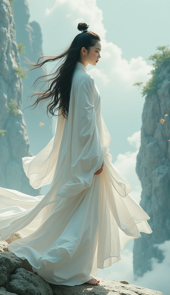 A stunning cinematic painting depicting a stunning delicate,handsome, mysterious spiritual figure in a serene landscape. The figure, dressed in a flowing white robe, is surrounded by soft clouds and a gentle breeze. As a skilled martial artist and a wise Zen master, the character exudes a sense of calm and tranquility. Their eyes, filled with the wisdom of endless waves, reveal a deep understanding of the world. The background features a mesmerizing blend of architecture, with a mix of modern and traditional styles. The overall atmosphere of the piece is a harmonious fusion of fashion, conceptual art, and stunning architecture.