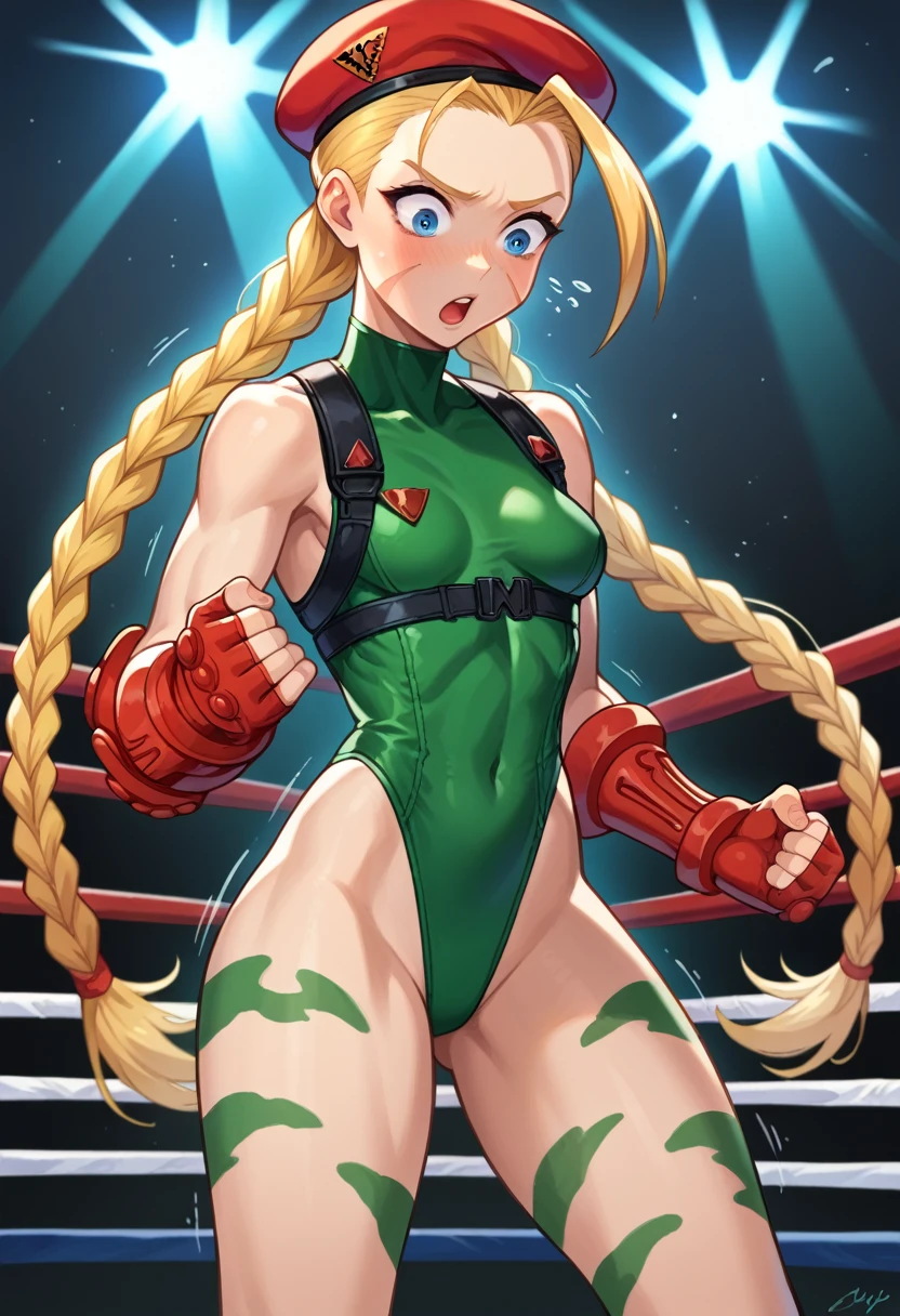 score_9, score_8_up, score_7_up, 1girl, solo, (ager:1.5), teenall breasts, CammyWhiteSFXL, scar on cheek, blue eyes, blonde hair, long hair, twin braids, antenna hair, camouflage, red beret, bare shoulders, green leotard, black harness, red gloves, fingerless gloves, standing, shocked face, shaking, looking down, fighting ring,