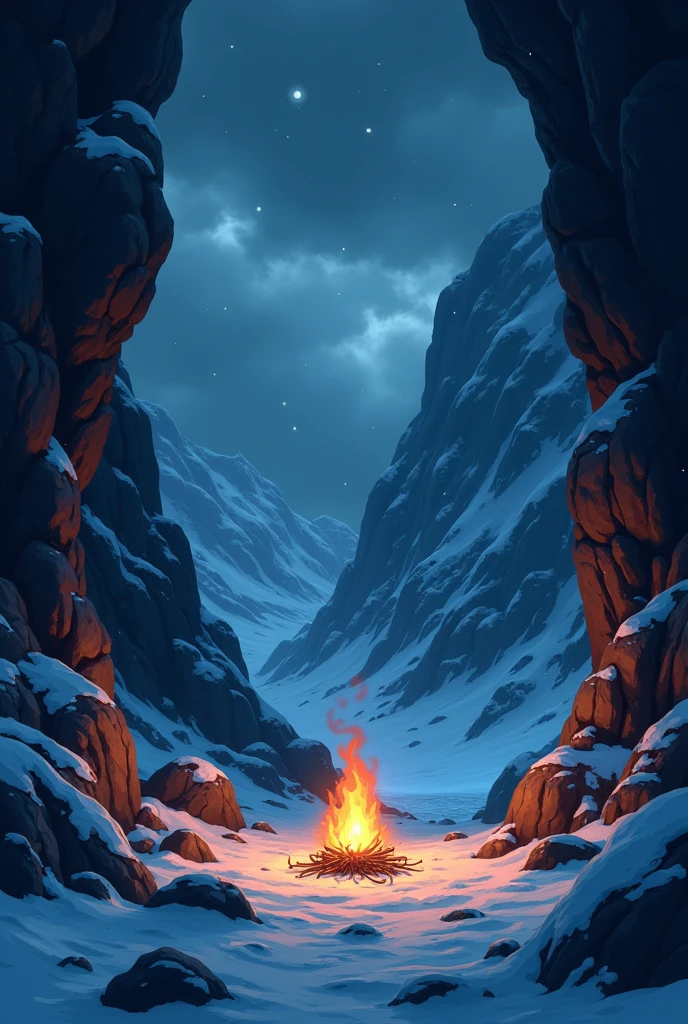 Create an image of a camp that is in a cave on a mountain. The mountain appears to have a climbable path, but this is not possible to see. The blizzard is intense and dark, the only light comes from the campfire. The image is seen from the front, whether in cartoon style, and it's very dark, on a dark and cold night. The ground is very low, the clouds cover it.