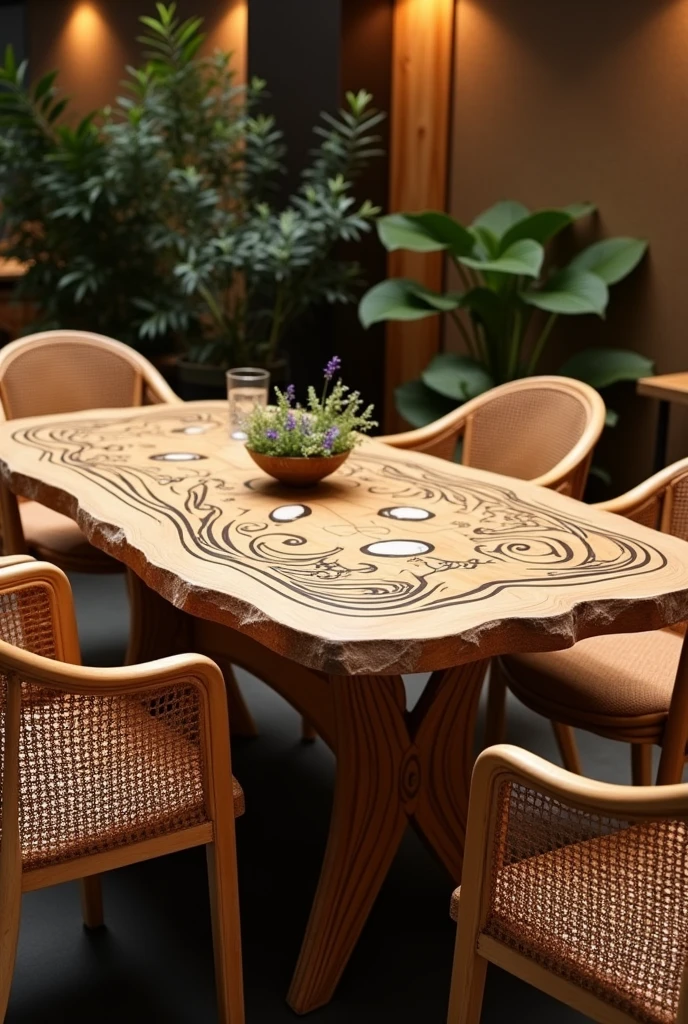 Please help me draw a restaurant with a design around the table and basket seats.