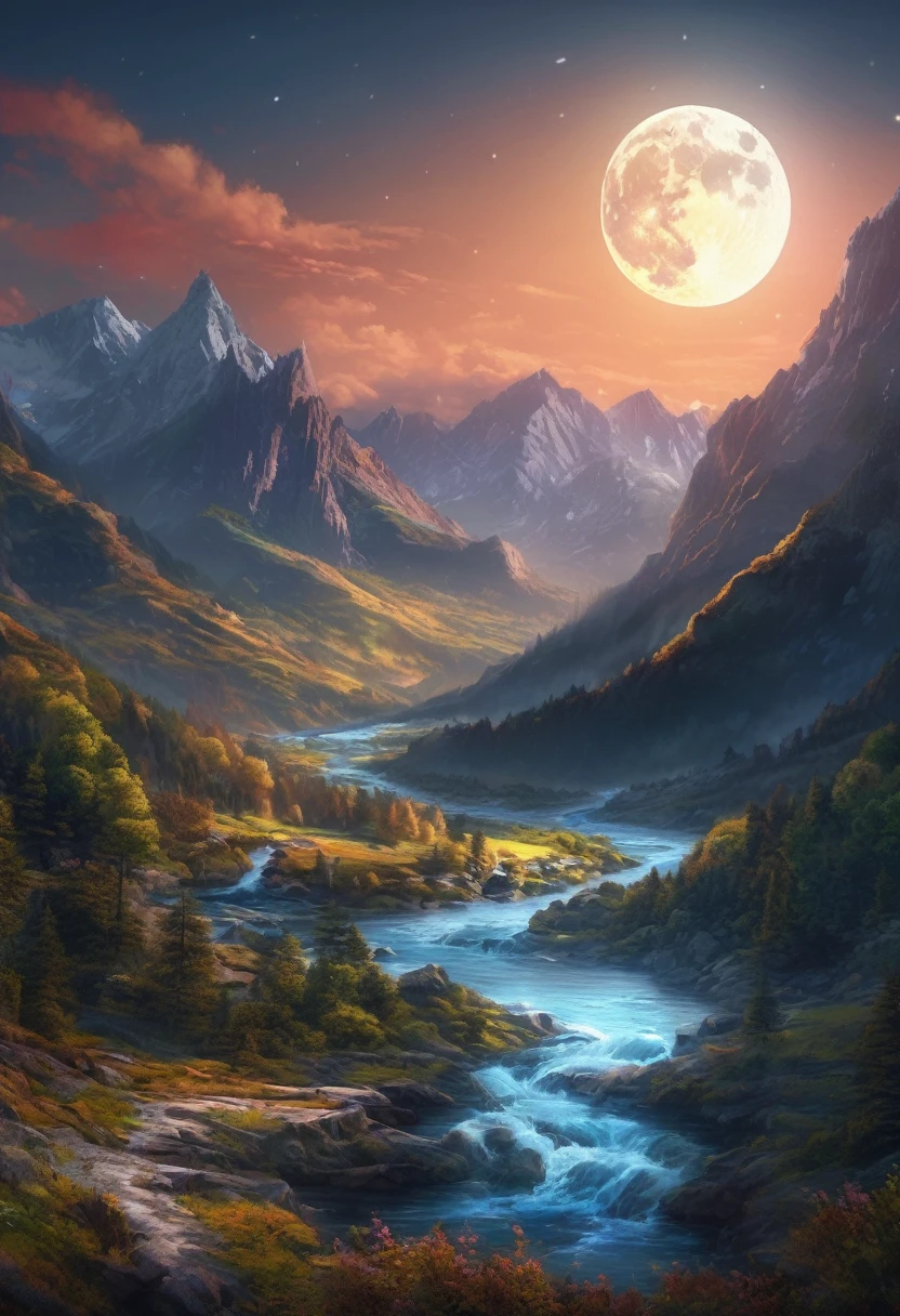 mountains with a river in the foreground and a full moon in the sky, 4k highly detailed digital art, 8k stunning artwork, 4k detailed digital art, beautiful art uhd 4 k, epic dreamlike fantasy landscape, impressive fantasy landscape, 8k high quality detailed art, digital art 8k, digital art 8 k, mystical fantasy landscape, amazing mobile wallpaper