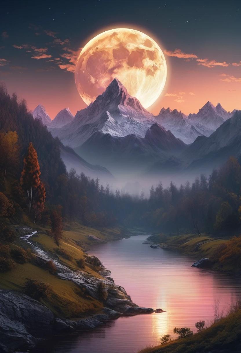 mountains with a river in the foreground and a full moon in the sky, 4k highly detailed digital art, 8k stunning artwork, 4k detailed digital art, beautiful art uhd 4 k, epic dreamlike fantasy landscape, impressive fantasy landscape, 8k high quality detailed art, digital art 8k, digital art 8 k, mystical fantasy landscape, amazing mobile wallpaper