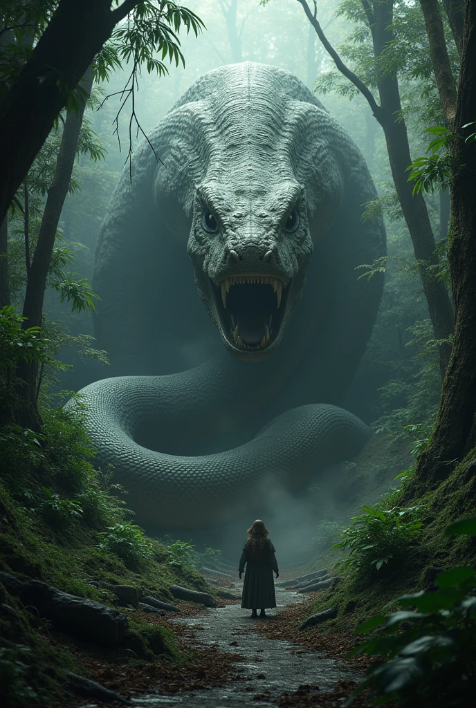 Giant head snake small body dark in a jungle with mouth closed 
