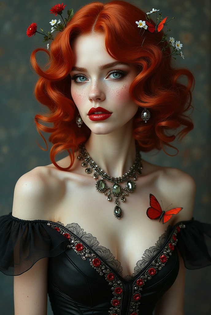 A very beautiful toreador vampire with extremely red hair and blue eyes, she also has freckles, She has noble origins and is very fond of jewelry and always wears high heels., Her high heels are elegant and chic and she also likes flowers and butterflies