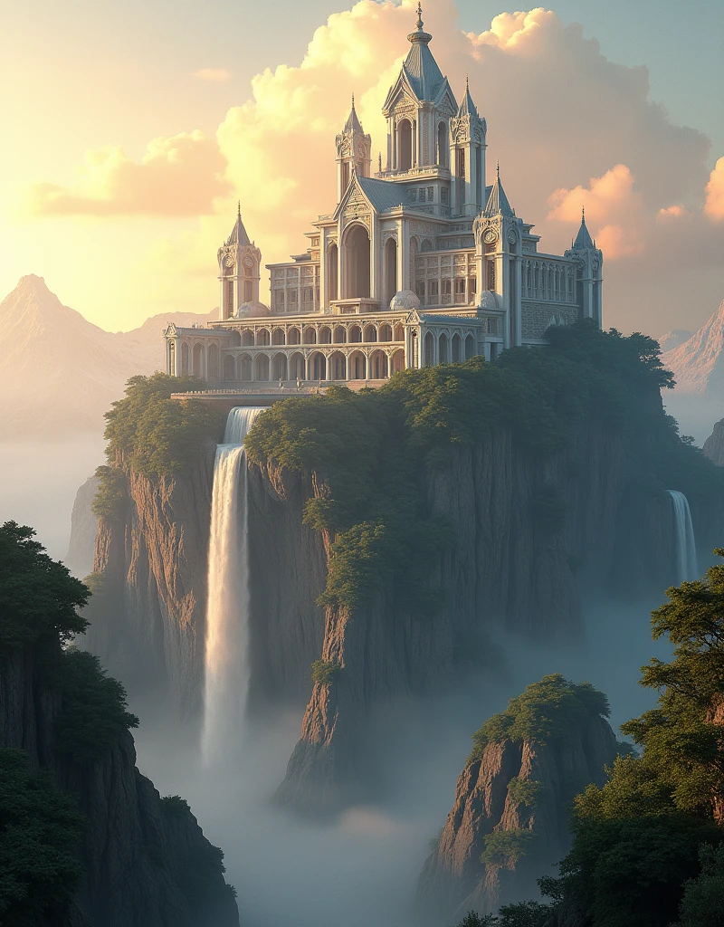 A serene and majestic palace of Queen Elara, perched atop a mountain in Nova Aeterna. The palace combines traditional architectural elements with futuristic materials, including cascading waterfalls and floating gardens. The golden light of dawn bathes the entire scene, rendered in ultra-high-definition with hyper-realistic reflections, intricate details, and a soft depth of field for a dreamlike quality