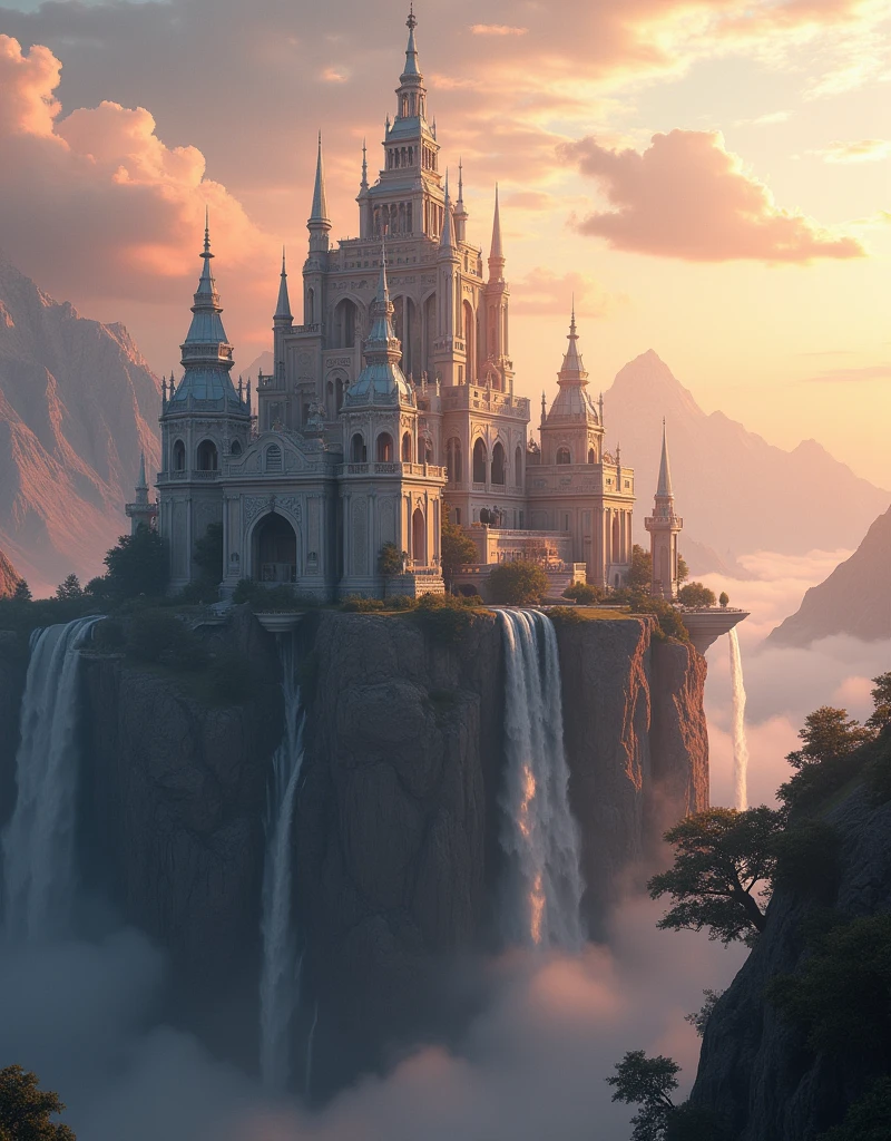 A serene and majestic palace of Queen Elara, perched atop a mountain in Nova Aeterna. The palace combines traditional architectural elements with futuristic materials, including cascading waterfalls and floating gardens. The golden light of dawn bathes the entire scene, rendered in ultra-high-definition with hyper-realistic reflections, intricate details, and a soft depth of field for a dreamlike quality