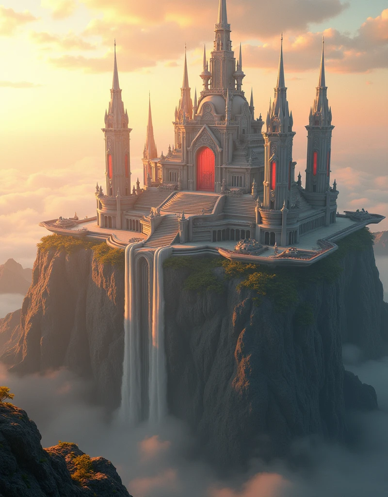 A serene and majestic palace of Queen Elara, perched atop a mountain in Nova Aeterna. The palace combines traditional architectural elements with futuristic materials, including cascading waterfalls and floating gardens. The golden light of dawn bathes the entire scene, rendered in ultra-high-definition with hyper-realistic reflections, intricate details, and a soft depth of field for a dreamlike quality