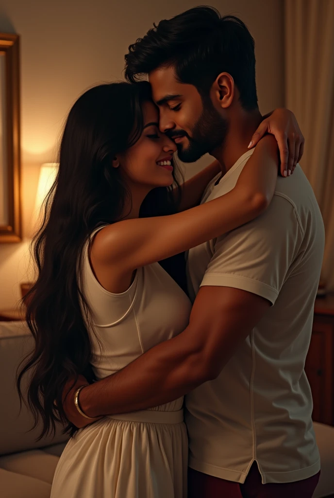 Create a image of a 2 indian couple in a room hugging each other girl have long black silky hair boy hugging from back