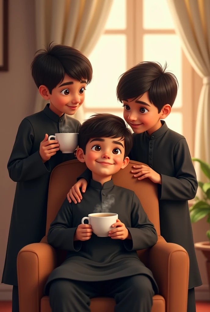 middle boy is sitting on a chair and two boys are standing and Have a hand on the shoulder of the person sitting.. Everyone should have a cup of tea in their hands. All should wear black shalwar kameez. Have smiling faces and  All look forward