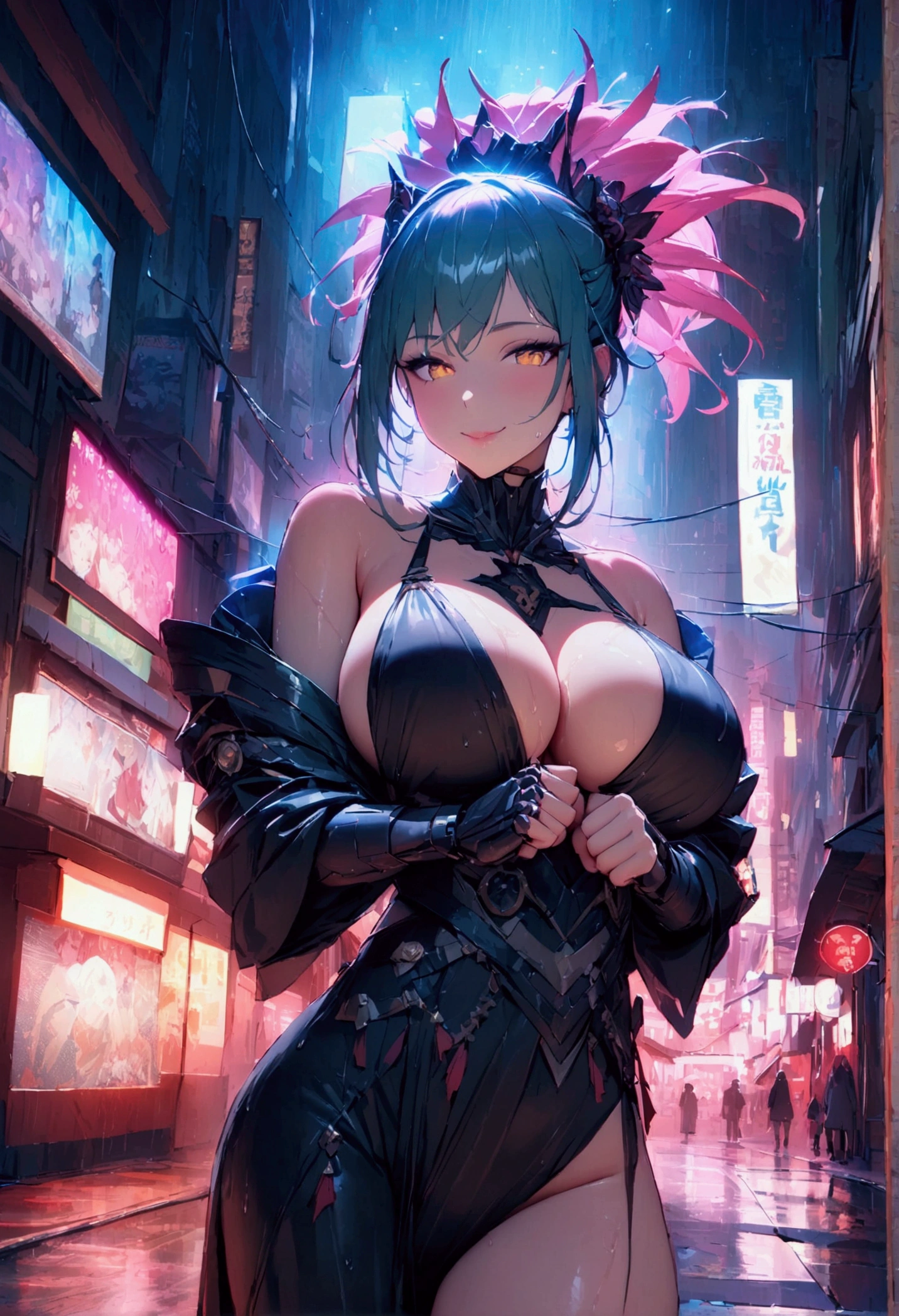 (best quality), (ultrafein), (masterpiece), Illustration, a girl,Kimono-Costume,cyberpunk, (cyberpunk,Kimono-Costume,Cybernetic implants),Hair Accessories, bright colours,open breasts, big breasts, smiling and winking, (pressing her fist together towards the viewer)dynamic lighting,neon lights,shining city skyline,holographic projection,Fashionable clothing of the future,a mix of traditional and modern elements,Avantgardistisches Make-up,exquisite hairstyle,Self-confidence and determination,Urban environment,Heavy rain,Reflection on wet road,Metall Textur,Mechanical Armor, gorgeous accessories,High-Tech-Gadgets,Impressive cybernetic improvements,Clear focus,Grumpy Details, Overclocked rendering, Cinematic edge light, fine light, masterpiece, super Details, epic work, Ultra-High-Definition, good quality, 32K