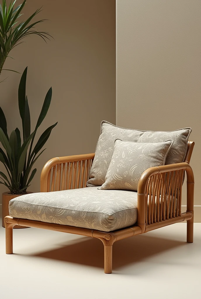 give me a sketch or drawing of Bamboo Lounge Chair: comfortable lounge chair made of bamboo, featuring a modern twist with cushioned seating. Incorporate traditional Filipino designs like Kalinga or Ifugao motifs into the cushion fabric or bamboo carvings.