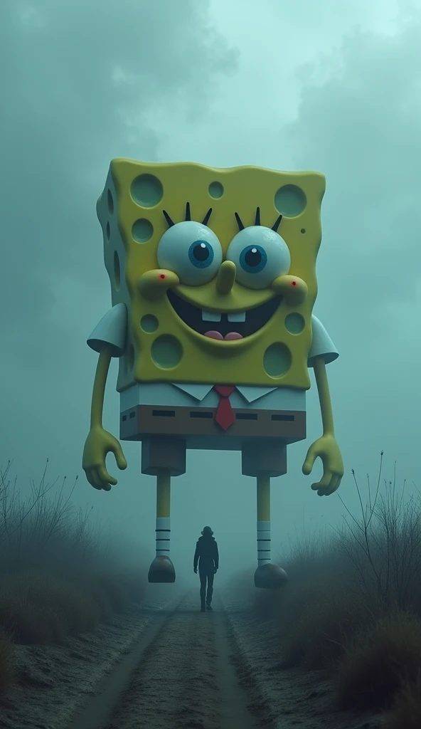 Gigantic spongbob walking across a plain in the distance amid fog, blue haze, dark clouds, grimdark ,supense, unearthly, octan render, unreal engine , photorrealistic, hyper realism, highy detailed, high qualiy, intrincately detailed,Volumetric lighting, full character, 4K, ,hard disk ,Full HD, 8k, RTX, high resolution, detailed shadows, incredibily detailed, perfect, Dramatic scale