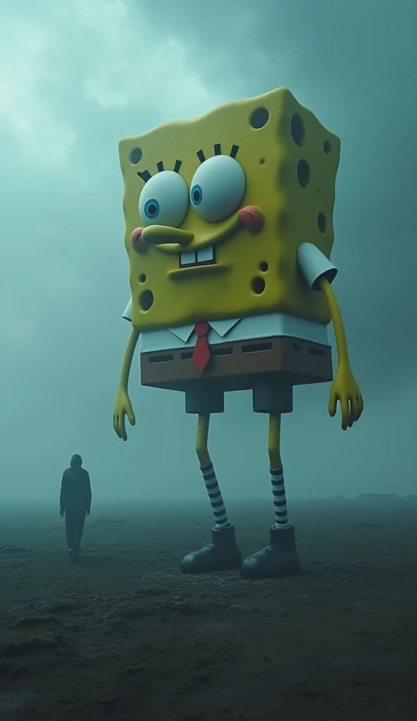Gigantic spongbob walking across a plain in the distance amid fog, blue  haze, dark clouds, grimdark ,supense, unearthly, octan render, unreal engine , photorrealistic, hyper realism, highy detailed, high qualiy, intrincately detailed,Volumetric lighting, full character, 4K, ,hard disk ,Full HD, 8k, RTX, high resolution, detailed shadows, incredibily detailed, perfect, Dramatic scale
