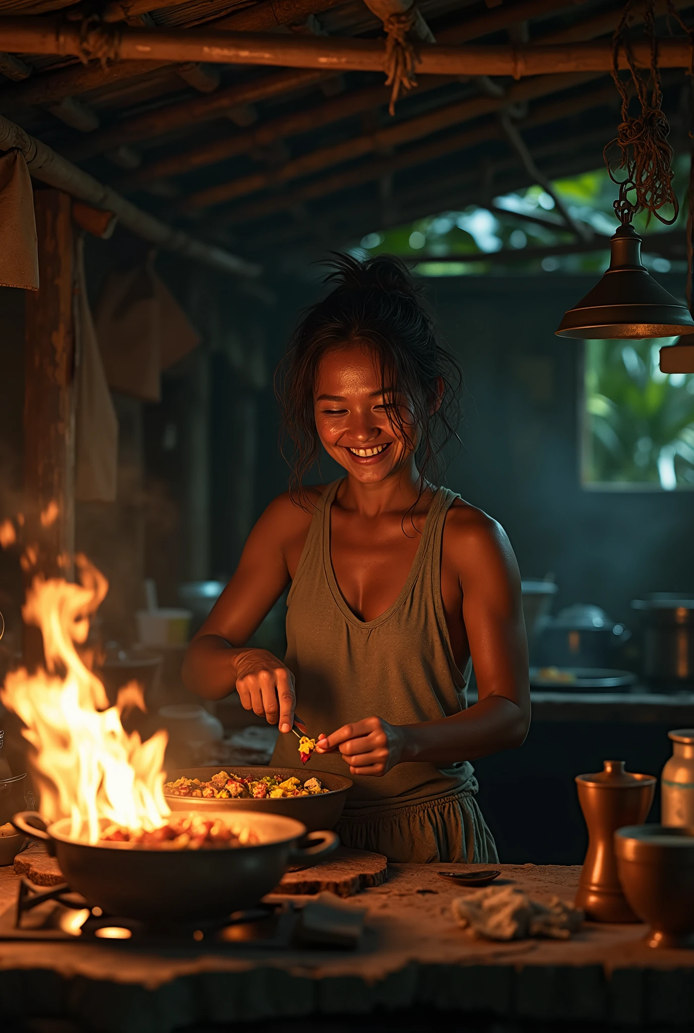 Photorealism 1.4 realistic realism high detailed definition Malaysian orang asli native aboriginal woman at kitchen cooking meals old wood rusty house messy hair fire used campfire night mode low light fire flame on periuk bamboo hut leaf roof wearing shirt smile face sweat