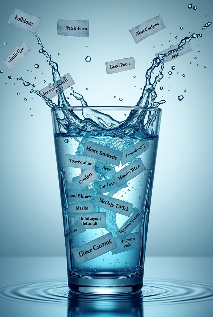 A glass overflowing with water, it’s already full but there’s more water being added to it.
Inside the water are the following words on pieces of paper:
Grow Instagram account
Gain more followers
Message followers
Invite people to like Facebook page
Start a TikTok account
Make TikToks
Go viral
Start a podcast
Start a YouTube channel
Grow digital audience
Generate website traffic
Make an impact online
Report on social media growth
Marketing digital plan
Plan video content
Film video content
Edit video content
Post video content