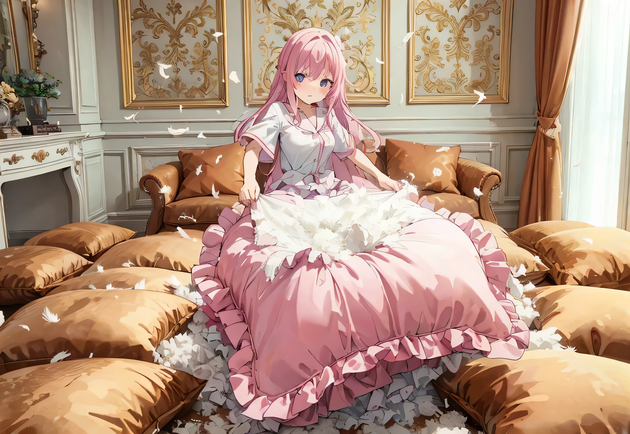 NSFW. a full-body with up perspective of an anime-style purple eyes, pink long hair female kids wearing a white pajama, standing and placing a giant, luxury pattern, frilled white pink polkadot cushion on the floor, tearing and ripping it with both hands until it's completely destroyed and then the stuffing of the cushion is taken and spread out using her hands too. After ruining it, the cushion should be ripping open with feathers and stuffing flying everywhere.The girl should have a ahegao and horny expression, focused on her task. The scene should show her in a luxury and cozy room with many giant, luxury pattern, frilled white pink polkadot square cushion around the floor, with the chaotic explosion of feathes around her, emphasizing the intense action.