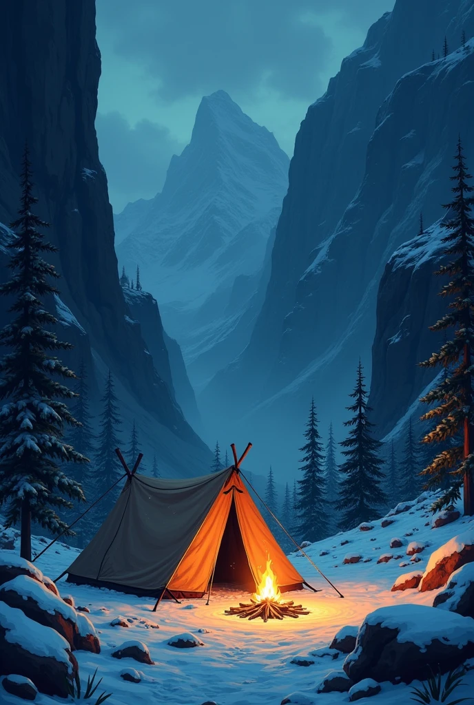 Create an image of a camp that is in a cave on a mountain. The mountain appears to have a climbable path, but this is not possible to see. The blizzard is intense and dark, the only light comes from the campfire. The image is seen from the front, whether in cartoon style, and it's very dark, To the point where I can't see anything but the fire and the things illuminated by it., on a dark and cold night. The ground is very low, the clouds cover it. There is a tent