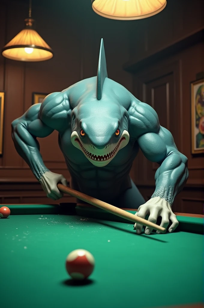 I want a picture of a muscular shark playing pool