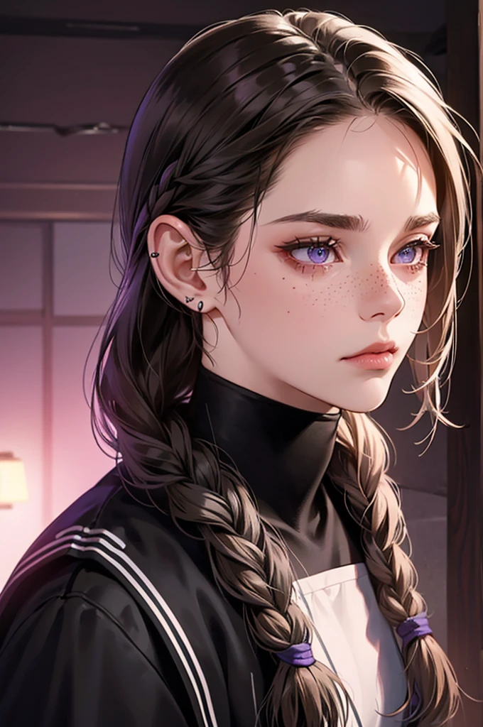In a dimly lit scene, a girl with brown boxer braids tightly braided to her head is shown. Her face is slightly dirty, emphasizing the rough environment around her. Her intense violet eyes glow subtly in the shadows, giving her a powerful and serious expression. She has freckles across her cheeks, and her ears are adorned with multiple earrings and piercings. She wears a black compression shirt that accentuates her athletic build. The overall atmosphere is gritty and mysterious, with soft light highlighting the key features of her face and piercing eyes.