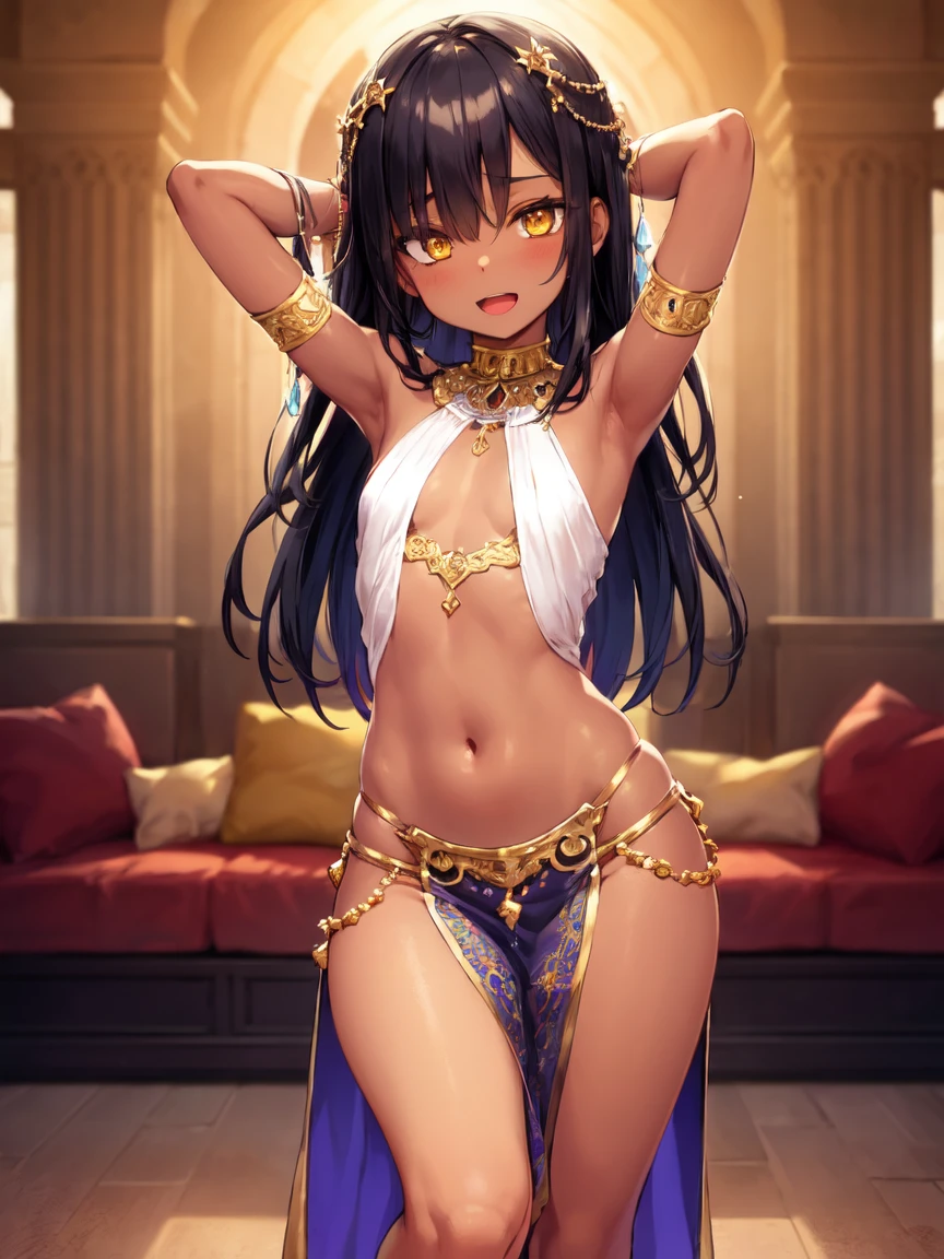 (SLE, mksks style, detailed background:1.1), (solo:1.3), girl, dark skin, ornate arabic dress, long hair, black hair, beautiful hair, (hair over eye), yellow_eyes, happy,head tilt, volumetric lighting, (detailed harem building interior), detailed background, arabic harem, colorful, flat chest, arabic clothes, , lewd outfit, young, (young girl), child, (very young girl), small girl, skimpy outfit, midriff, nsfw, lewd, slutty facial expression, (dancing), open mouth, (dark skin), (pelvic curtain), dancer, arms above head, hip sway, (motion lines:1.3), hip sway, bellydancer, arabic, arches, cushions, marble walls