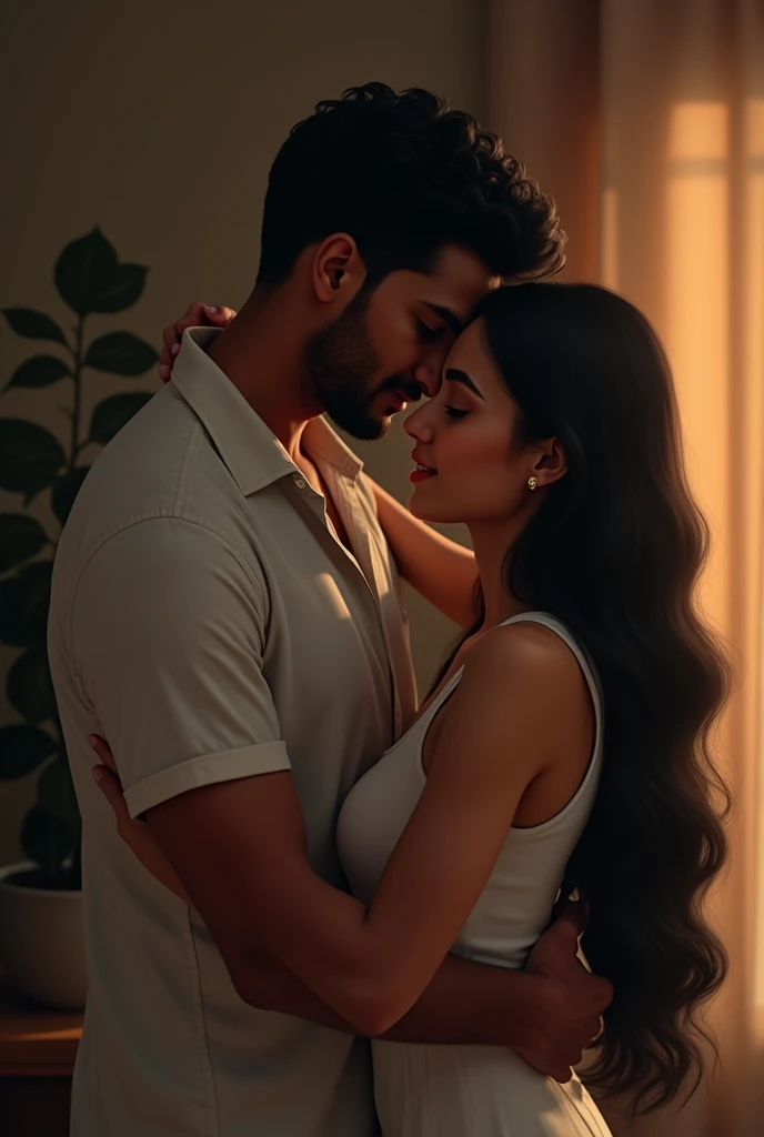 Create a image of a 2 indian couple in a room hugging each other girl have long black silky hair boy hugging from back