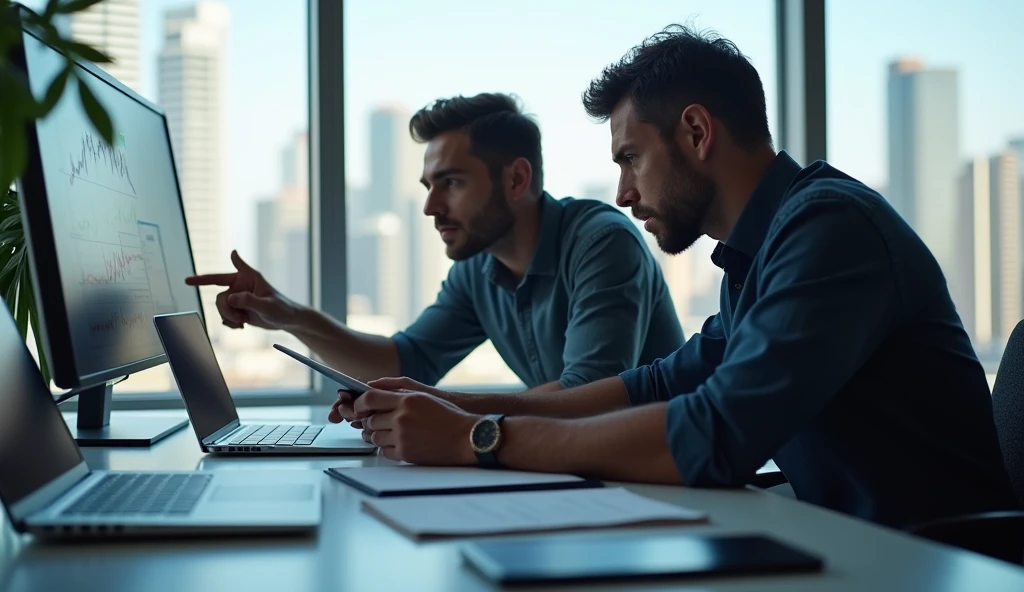 An ultra-realistic close-up of two startup founders in an intense discussion, surrounded by laptops, tablets, and notebooks. The setting is a sleek, modern office with large windows showing a cityscape in the background. One founder is pointing at a graph on the screen, while the other is listening attentively.