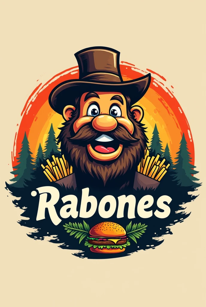 Logo for a fast food restaurant that serves hamburgers and fries, In addition to having to do with the mountain called "Rabones Food",