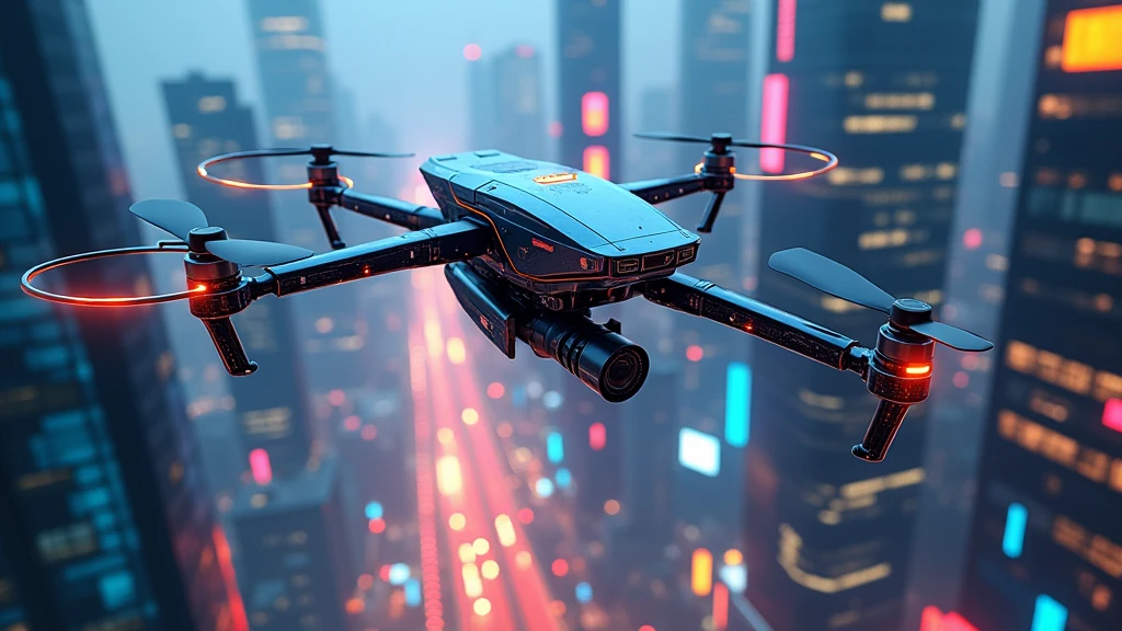 : An AI-driven drone hovering above a vibrant digital cityscape, analyzing real-time data streams in the air. 8k  