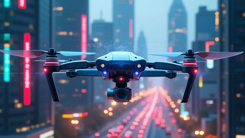 : An AI-driven drone hovering above a vibrant digital cityscape, analyzing real-time data streams in the air. 8k