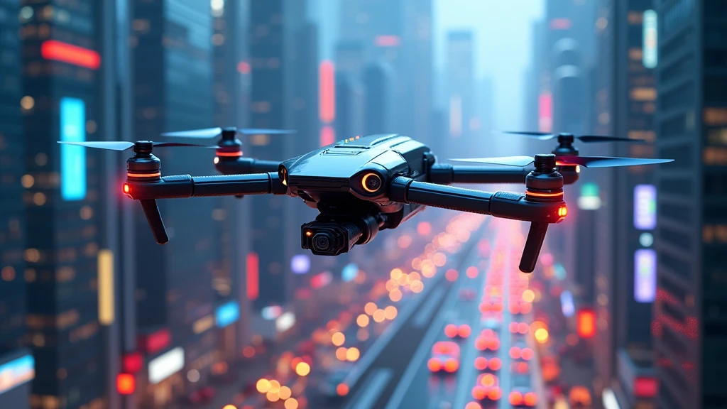 : An AI-driven drone hovering above a vibrant digital cityscape, analyzing real-time data streams in the air. 8k  