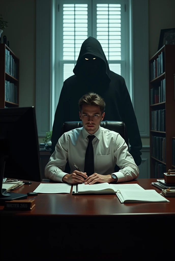 Create an image of a lawyer sitting in front of a computer and behind him is a dark figure or a hooded man holding a gun and his face cannot be seen.