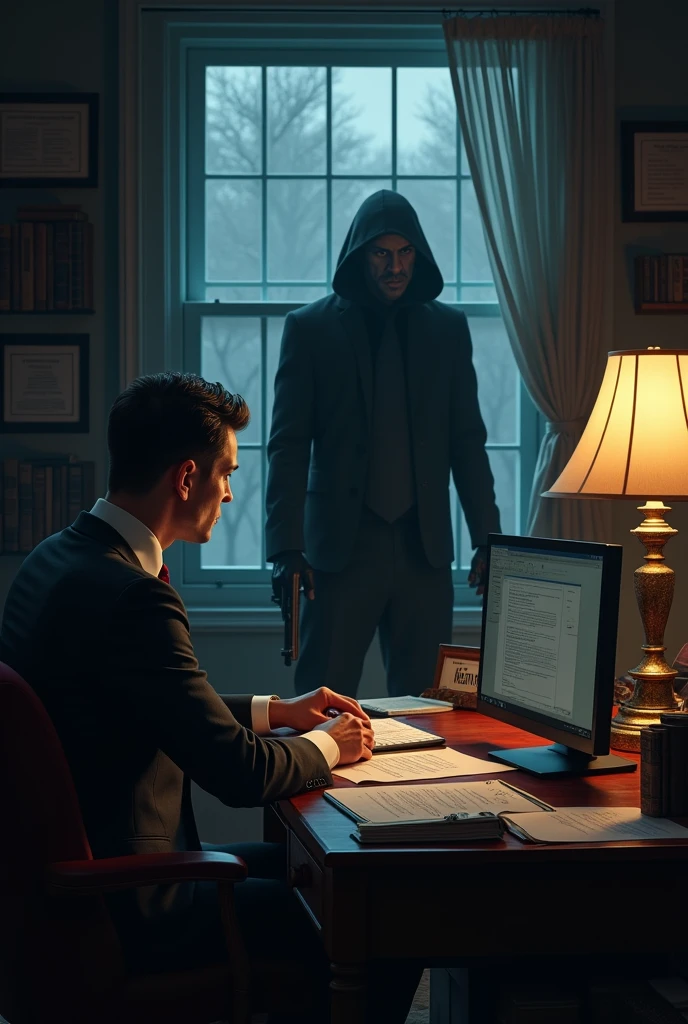 Create an image of a lawyer sitting in front of a computer and behind him is a dark figure or a hooded man holding a gun and his face cannot be seen.