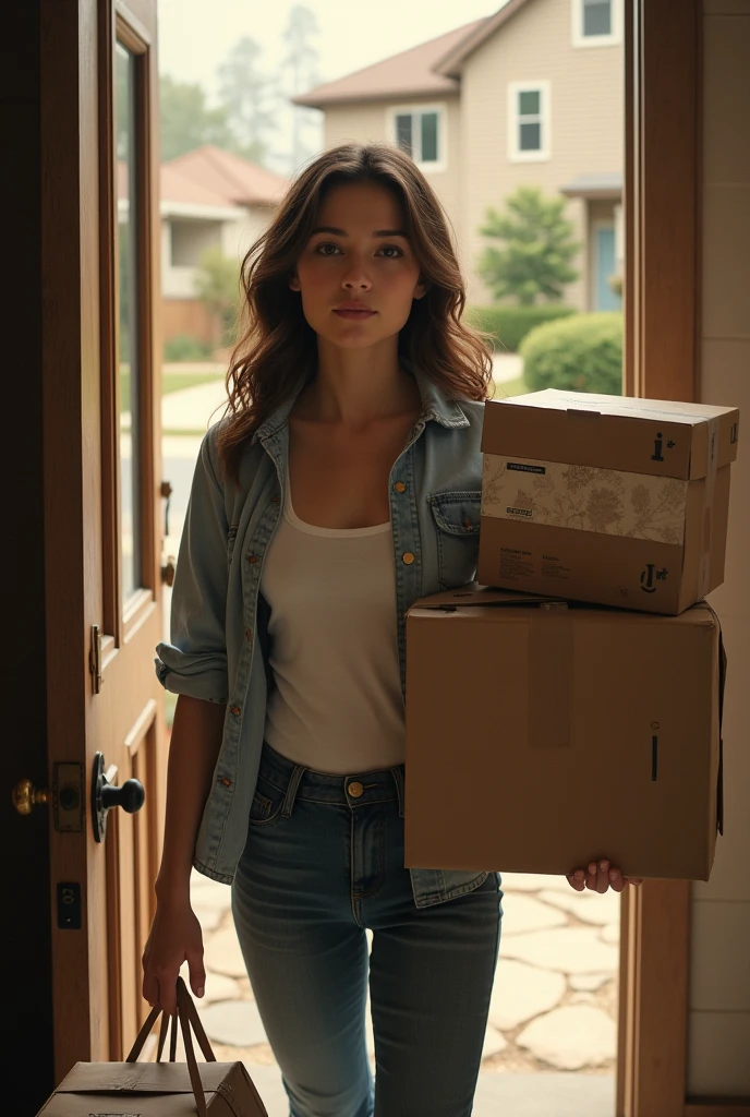 Believe me, a young woman leaving the house with boxes 
