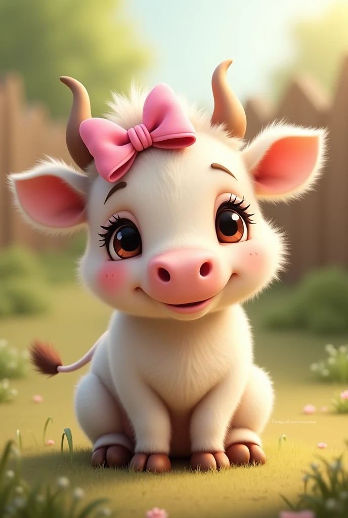 Cute little cow with a pink bow on her head