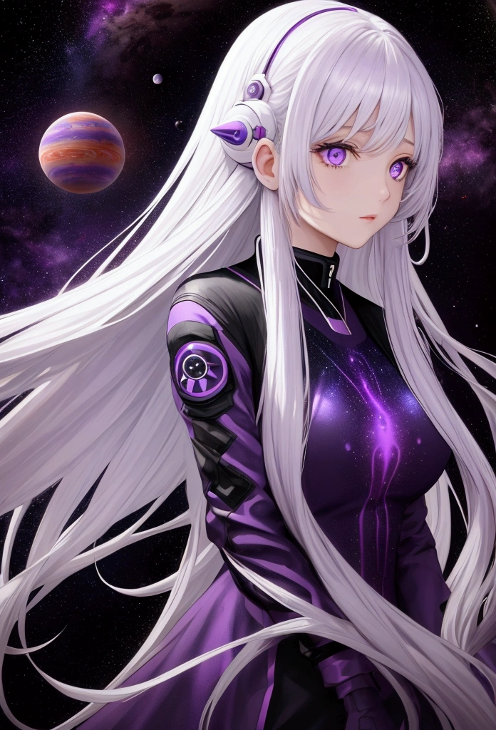 long white hair, purple eyes, woman 1,against the backdrop of space and planets, dressed in a spacesuit,