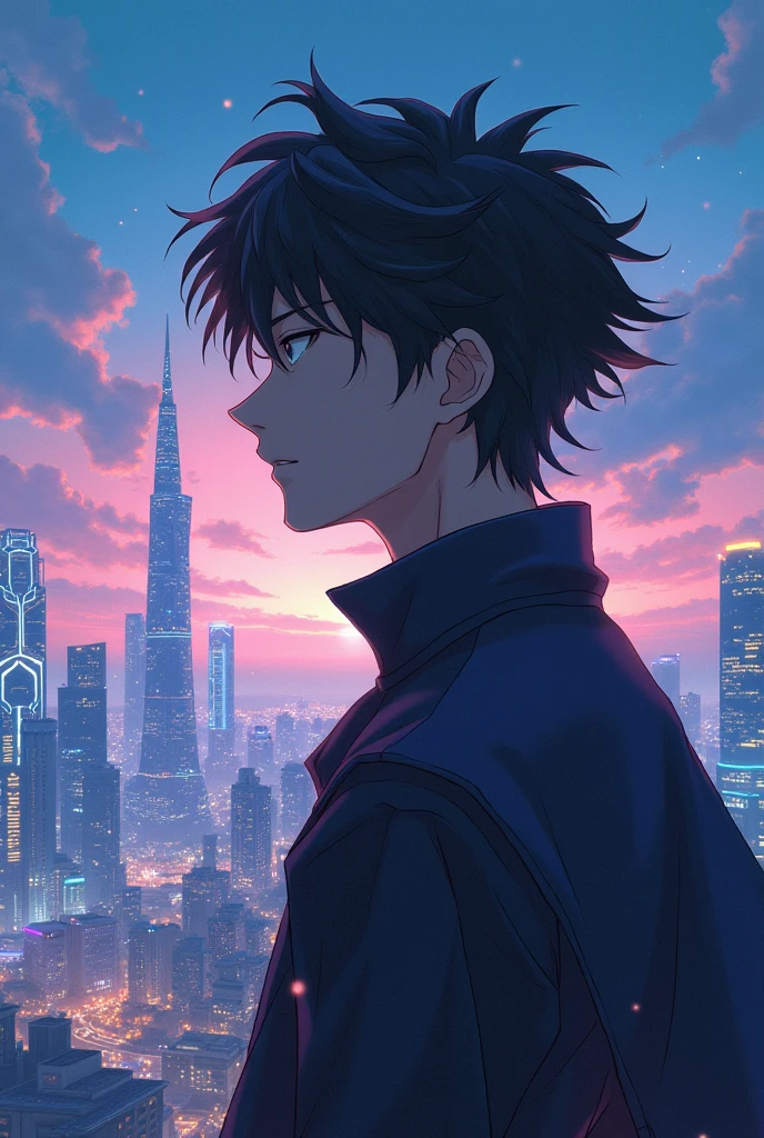 Man, anime boy, face against the view of the future electric city , like a legend,
